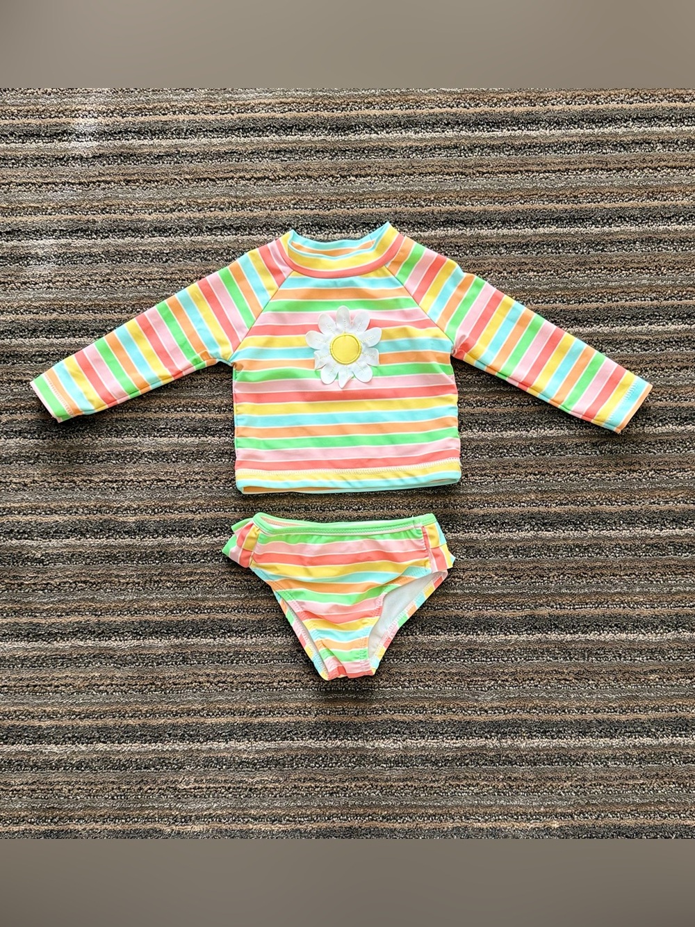 Little Me Baby Girl Pastel Rainbow Stripe Rashguard Set with Daisy